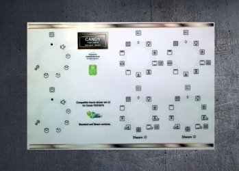 (image for) Candy FIDCX676 Compatible fascia sticker set x2, standard and steam variants.